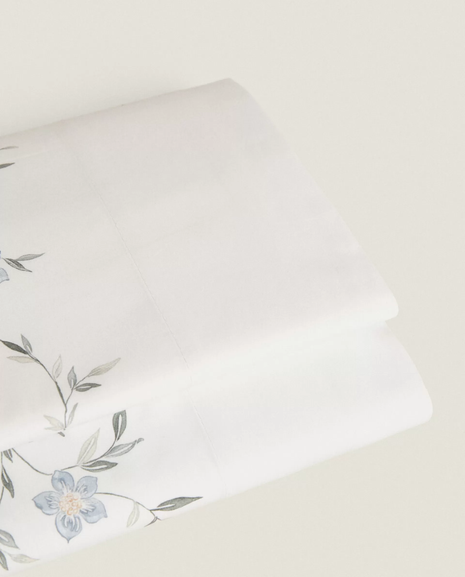 ZARA Home Blue Floral Print Flat Sheet Oyster White Store